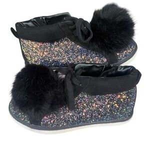 Justice Black Glitter Sneakers with Faux Fur Pom Poms
